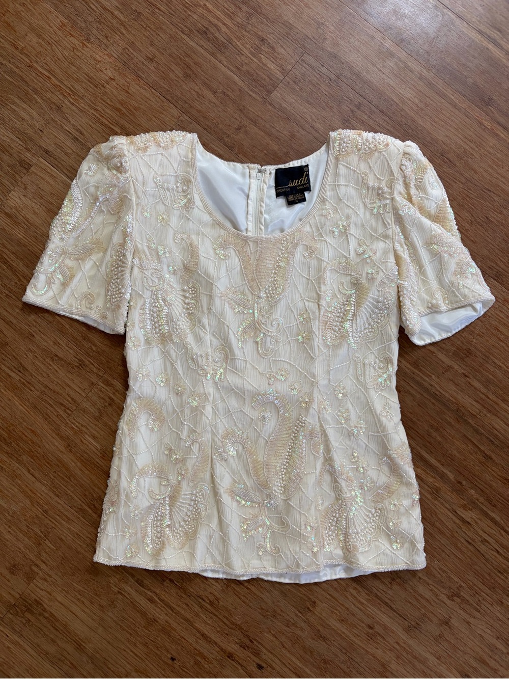 Vintage 80s Sudi Silk Sequin Top Beaded Cream Iridescent Pearl Blouse Sz L Small